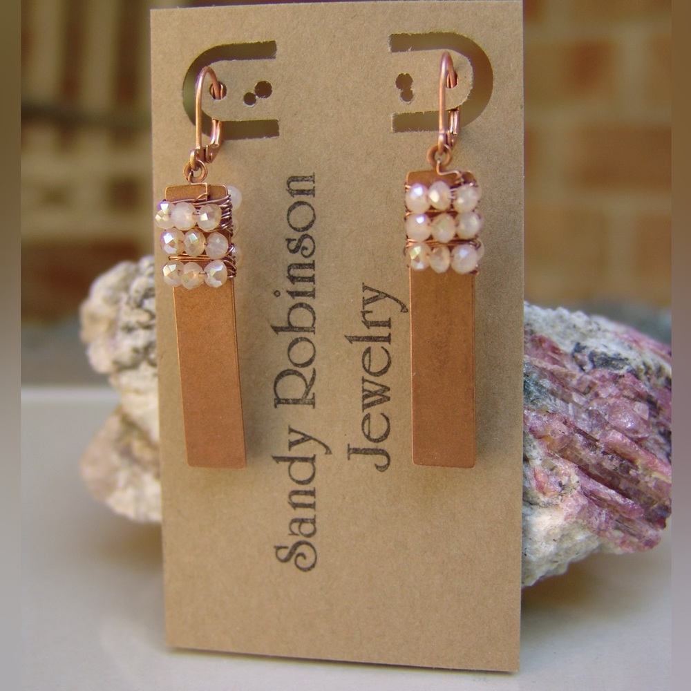 Copper Lever Back Pink Crystal Handmade Earrings by Sandy Robinson Jewelry